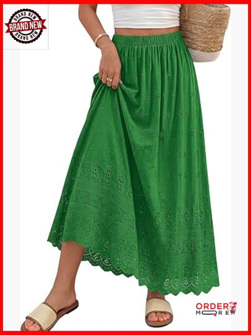 Women's Flowy Eyelet Maxi Skirt High Waist A-Line Cotton Ruffle